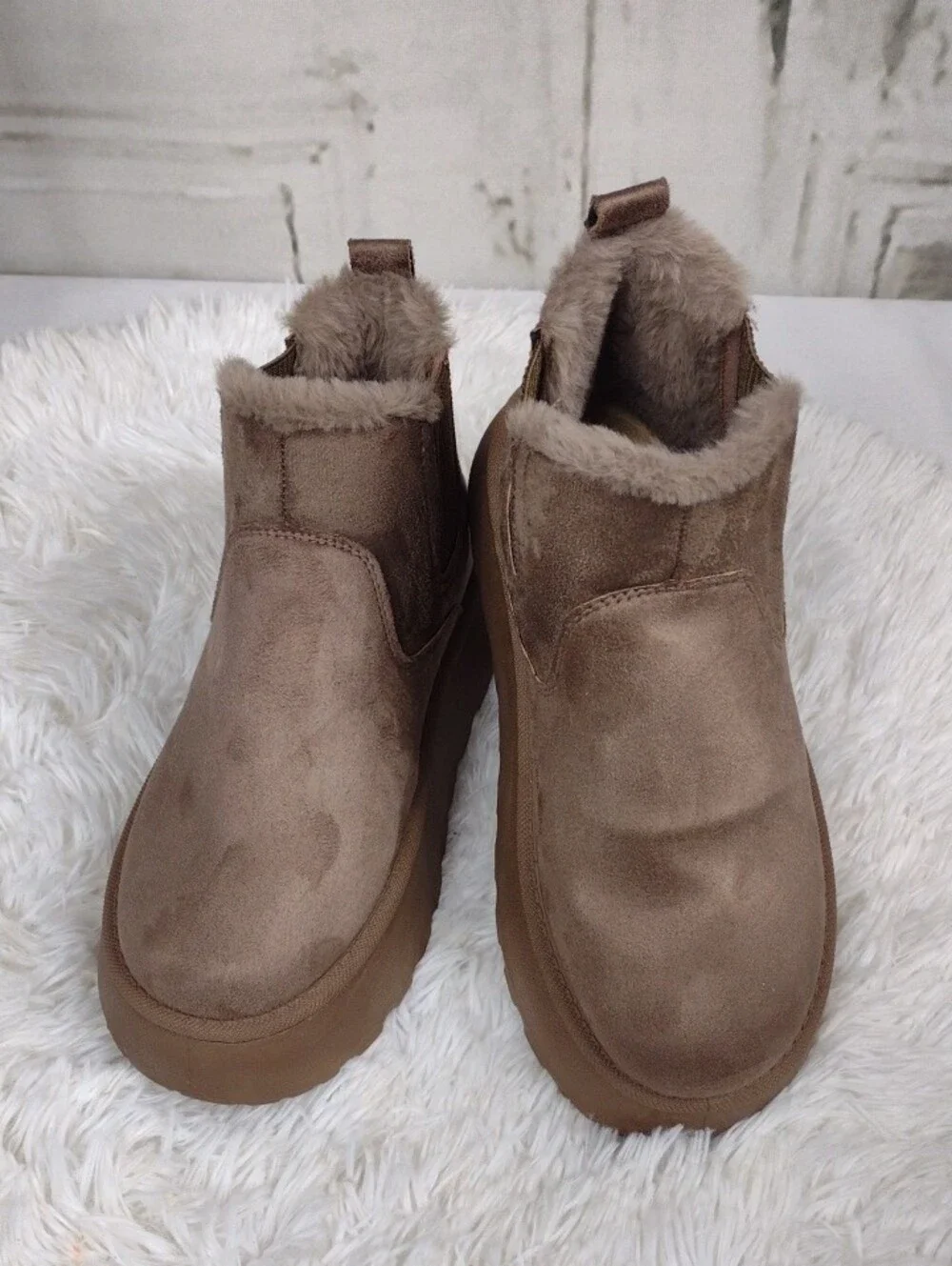 Chunky Faux Suede Fleece-Lined Chelsea Booties — Taupe